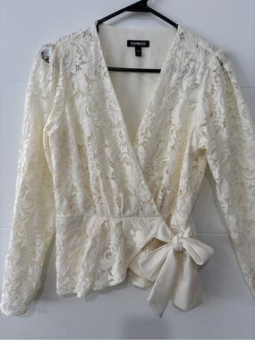 Express Cream Lace Wrap Blouse with Bow